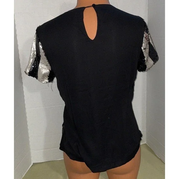 New-black white sequins beads evening formal cocktail blouse Top SM - Picture 5 of 7